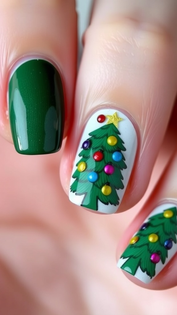 Nail art featuring a Christmas tree design with colorful ornaments and a star.